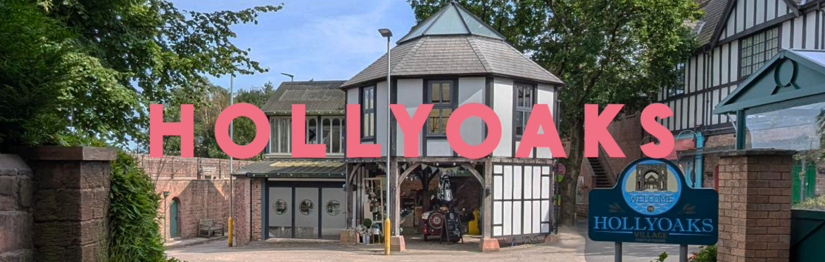 Hollyoaks word logo over an image of Hollyoaks village