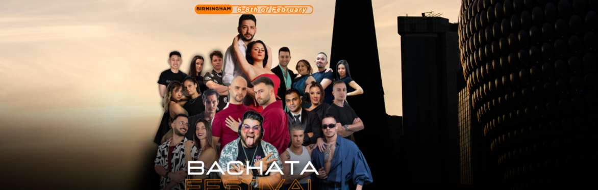 Promotional image for Ritmo De Bachata- 1st Bachata Festival Birmingham, 6-8 February 2026. The image features the official teacher and artist line-up