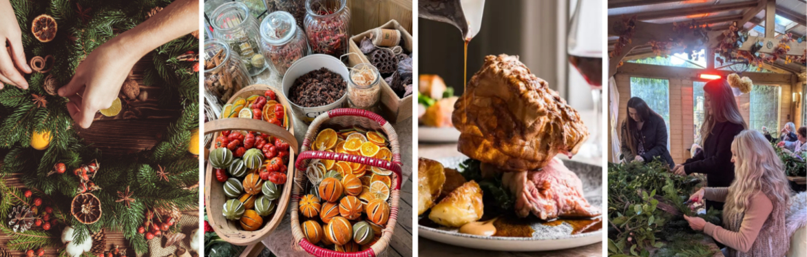 A wreath making event. Including wreaths being made, the collection of materials including dried oranges and roast dinner with gravy.
