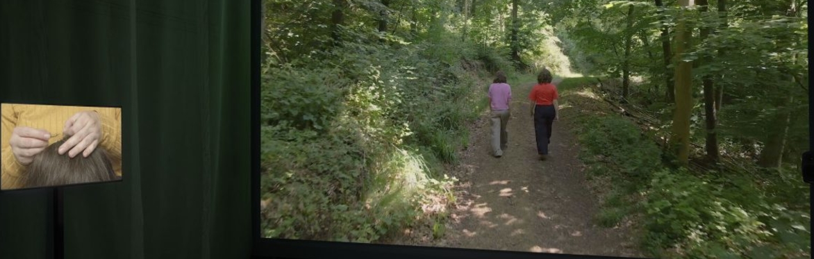 A photo of Natasha MacVoy's film installation. A large scale projection shows two women walking side by side through a leafy, sun dappled wood. To the left a small screen shows two hands.