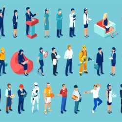 3 lines of people dressed in outfits representing different job roles