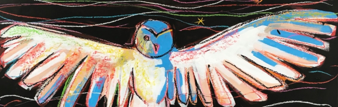 Illustration of a rainbow-colored salmon over a rainbow-colored owl on a dark background