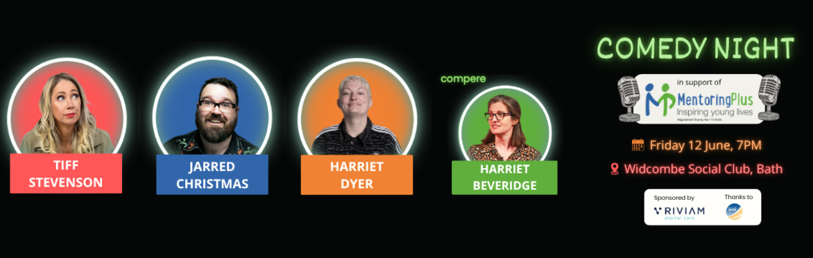 Visual with 'Comedy Night, Friday 12 June, 7pm, Widcombe Social Club' along with profile photos of each comedian