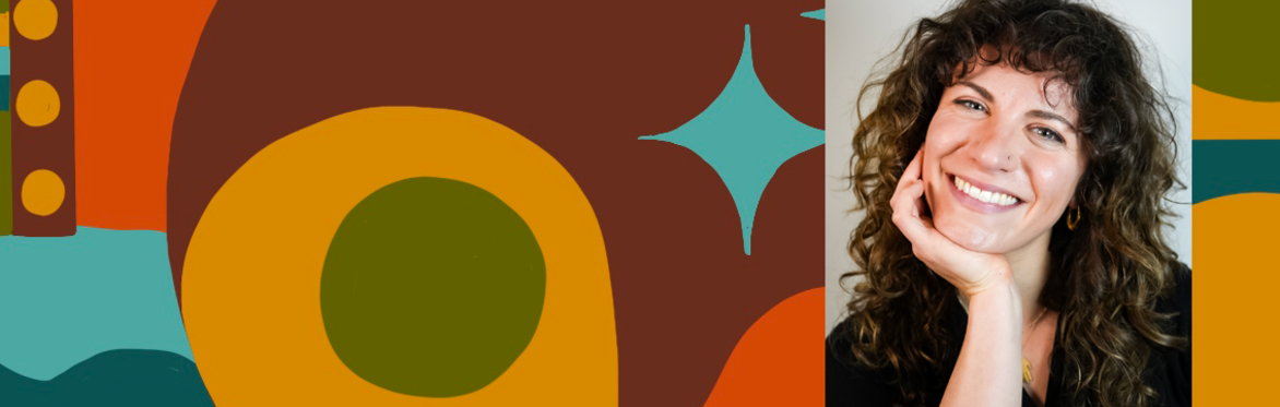A portrait photo of a person with curly hair, positioned on the right side of the image, set against a colorful abstract background featuring organic shapes in orange, brown, green, teal, and yellow t
