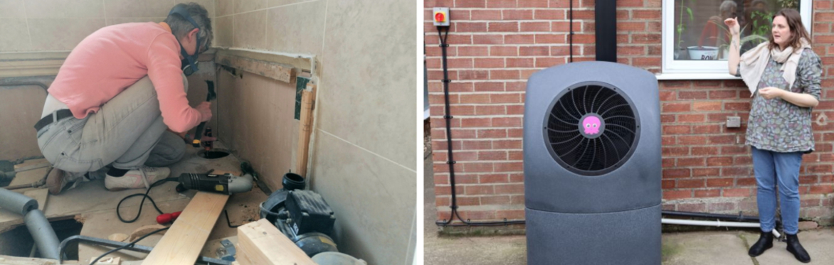 Camilla of Wrapt Homes sealing a gap between a floor and skirting board, Elizabeth stood next to her heat pump