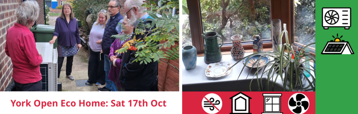 composite image: last year's event host and visitors stood next to the heat pump, wide window sill with and the event title with icons for installed measures