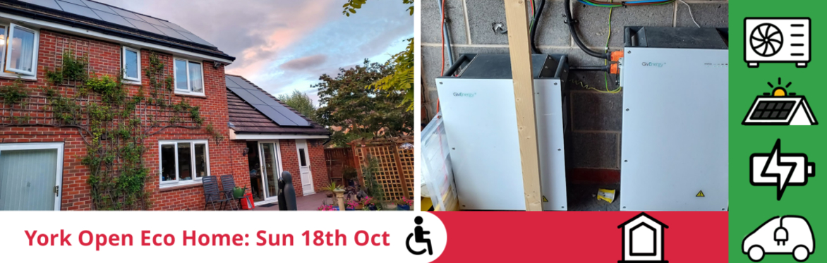 composite image:  a detached house with solar panels, batteries on a garage wall, and the event title with icons for installed measures