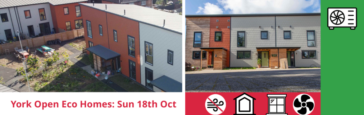 composite image:  views of Lowfield Green Housing Co-op, and the event title with icons for installed measures