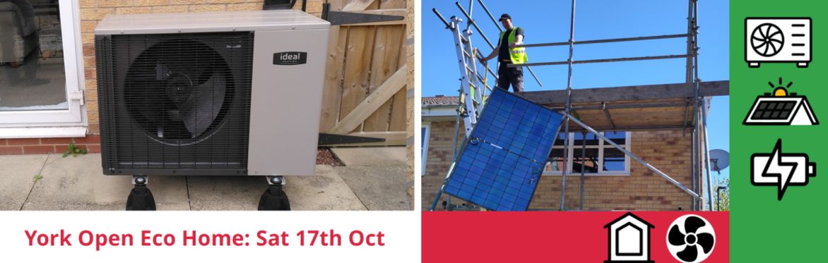 composite image: heat pum, solar panels being installed on the roof and the event title with icons for installed measures