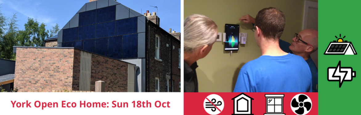 composite image:  view of the house with an insulated gable wall covered in solar PV, host talking to some of last year's visitors, and the event title with icons for installed measures
