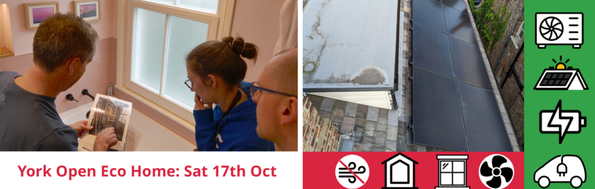 composite image 3 people looking at a photo, solar panels on a roof and the event title with icons for installed measures