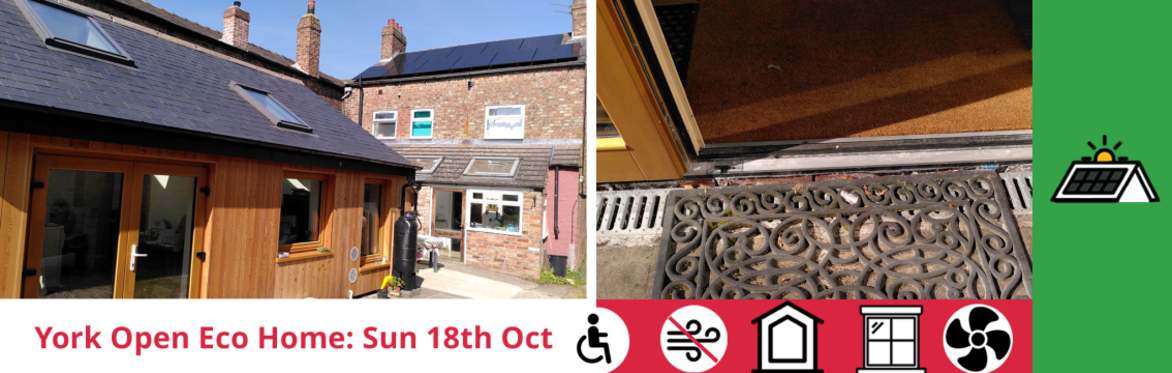 composite image 3 people looking at a photo, solar panels on a roof and the event title with icons for installed measures