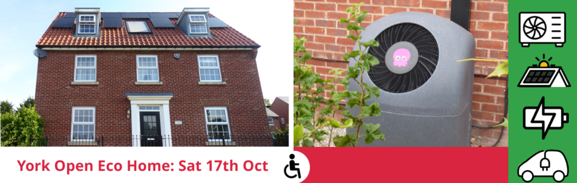 composite image of a detached house with solar panels, heat pump and the event title with icons for installed measures