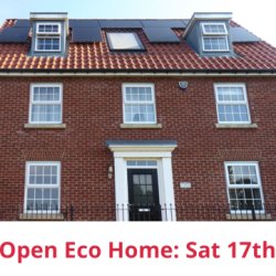 Detached house with solar panels, text - Eco Home: Sat 17th Oct