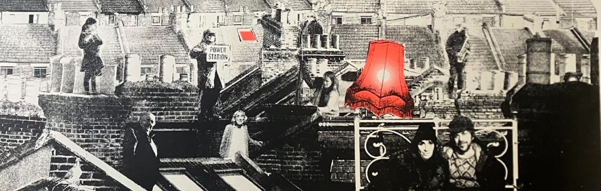 A black and white collage of rooftops and people across an urban neighbourhood. A bright red lampshade stands out among the rooftops.