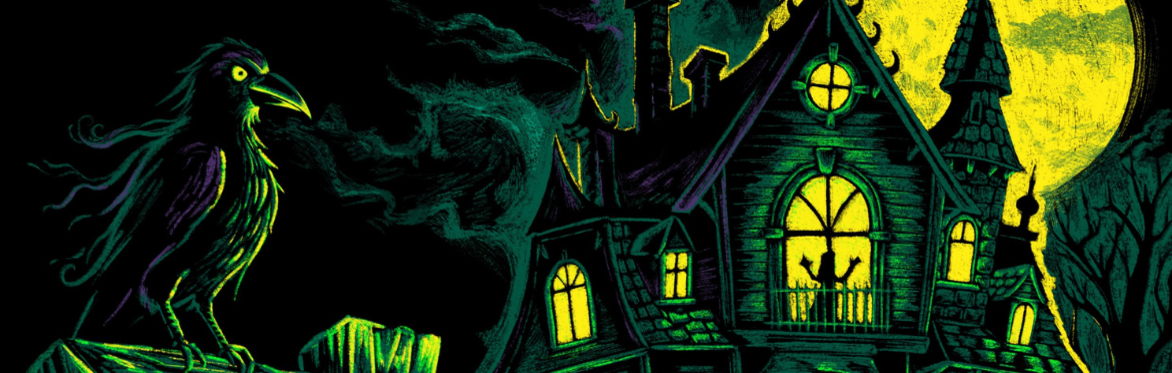 A crow overlooks a haunted house at night.