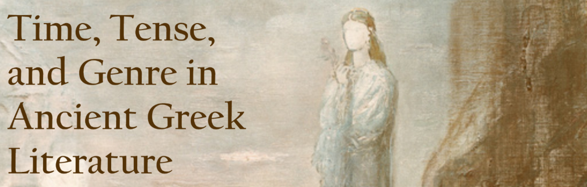 A painting of a woman with no face. Text reads "Time, Tense and Genre in Ancient Greek Literature"