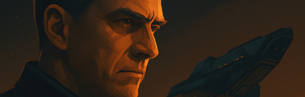 A middle aged man in a sci-fi uniform stares out into the distance. There is a sci-fi space ship launching behind him.