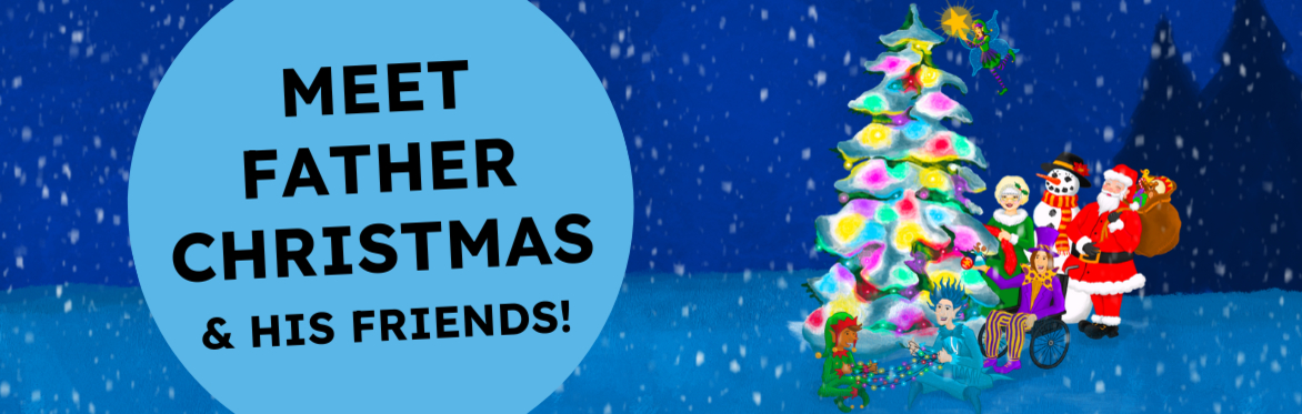 Santa and his friends stand around a colourful Christmas tree in a nighttime snowy scene.