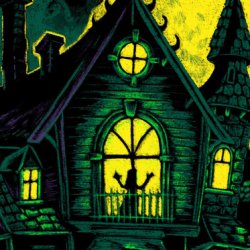 A character silhouetted in the window of a haunted house.