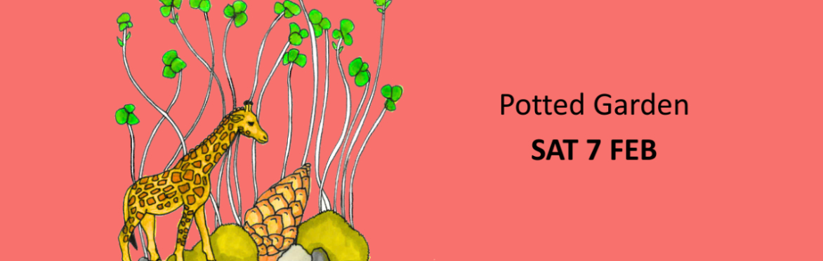 illustration of a toy giraffe, stones, a cone and cress growing