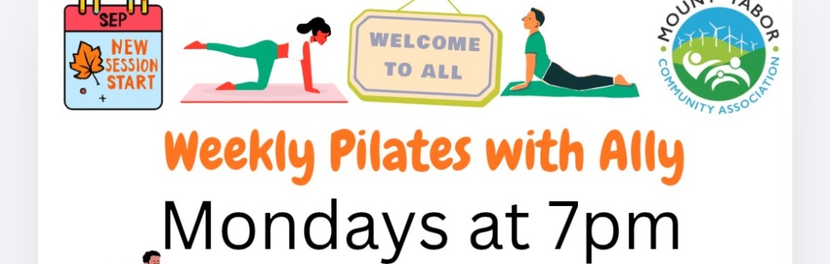 Pilates poses and text explaining the MTCA Pilates Classes on Mondays 7pm