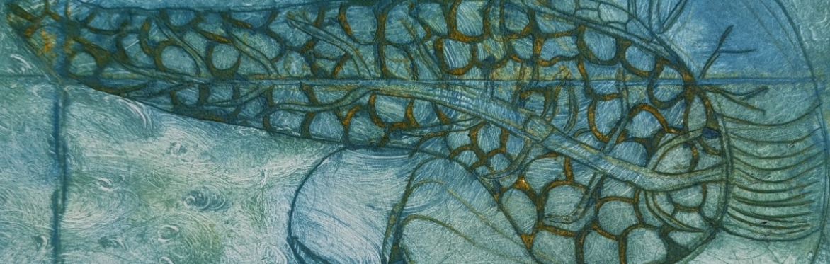 Tetrapak drypoint print in green and blue of internal body part