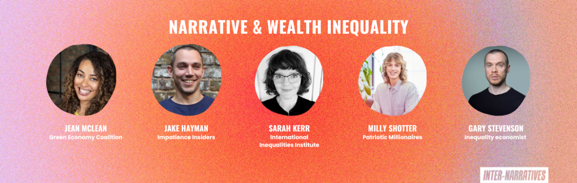A graphic with a orangey-pink gradient background and white text saying, Narrative and wealth inequality, with 3 speaker images