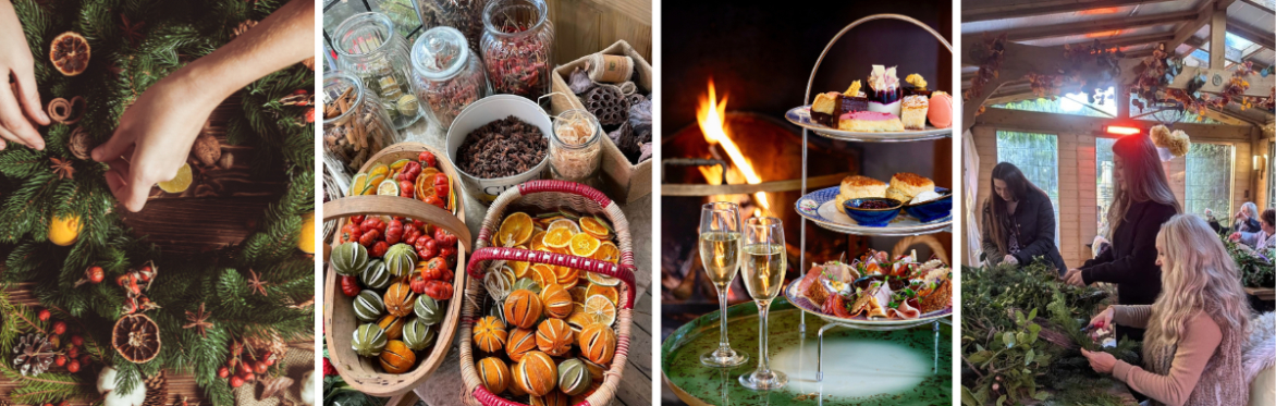 A wreath making event. Including wreaths being made, the collection of materials including dried oranges and afternoon tea by the fire.