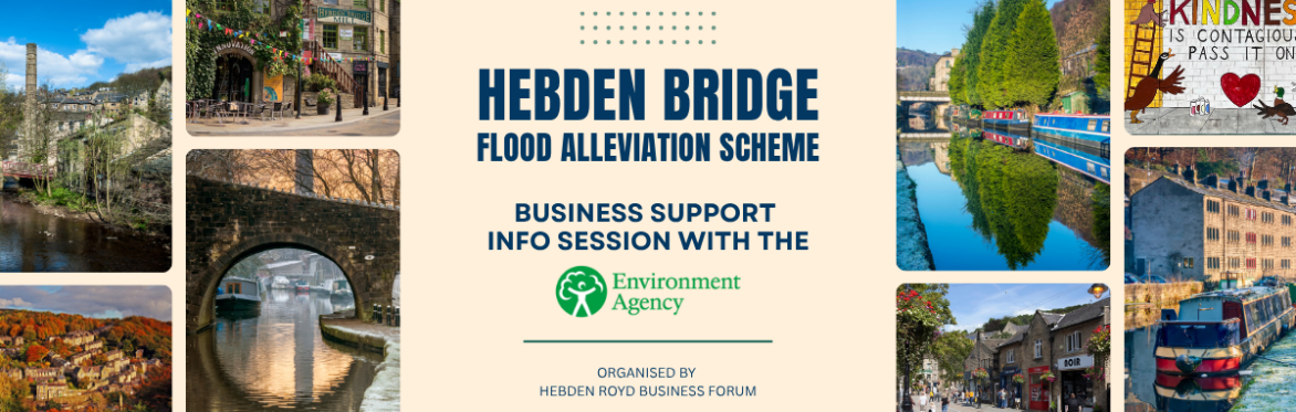 A graphic showing a group of people talking together and text: "Improving Flood Resilience for Hebden Royd Businesses", with key event details