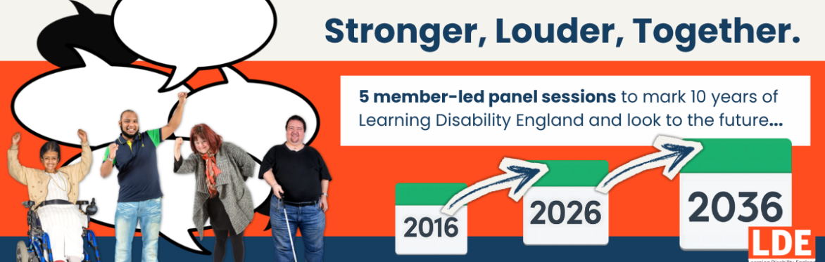 Four people with disabilities on the right side, with an image of a calendar reading 2016 next to a larger calendar connected with an arrow reading 2036. Above this on the right side there is blue tex