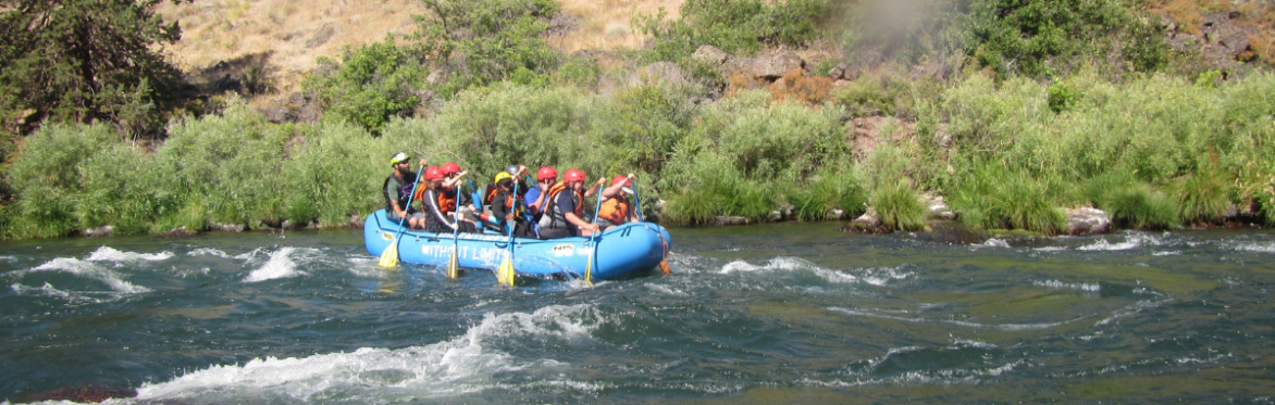 A blue raft with people wearing P-F-Ds and helmets use paddles to move through a small rapid.