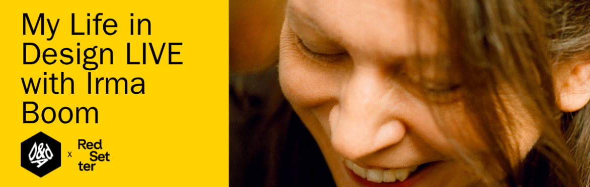 A website banner with a yellow background. It reads 'My Life in Design LIVE with Irma Boom'. Right, a close up crop photo of a white woman with brown hair smiling, looking down