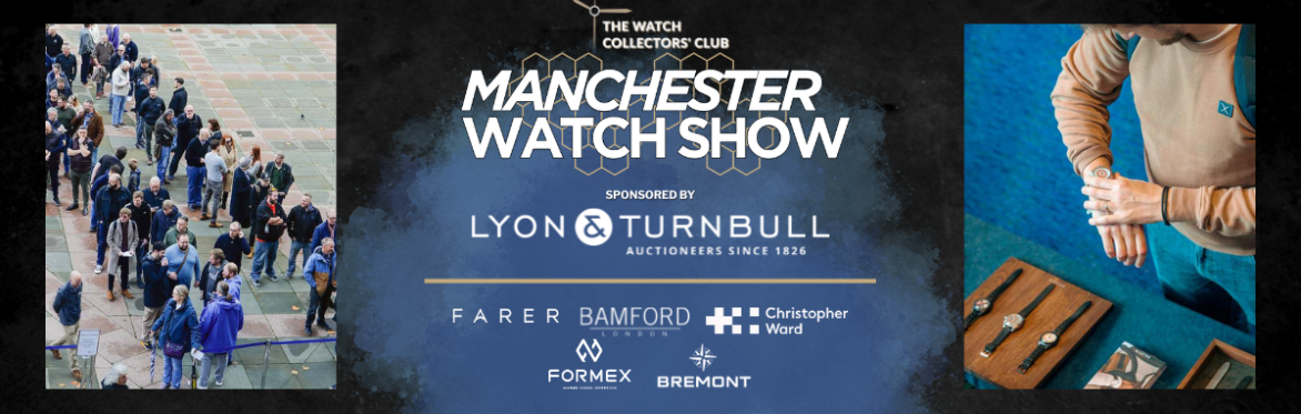 Text n black on gold background with The Watch Collectors Club and sponsors Zing Cover, Barrington Watch Winders and Leica plus a picture of the hall full of attendees looking at watches