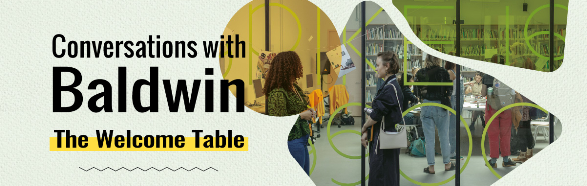 A graphic for the festival event 'Conversations with Baldwin: The Welcome Table' which has an image of people in a coworking space.