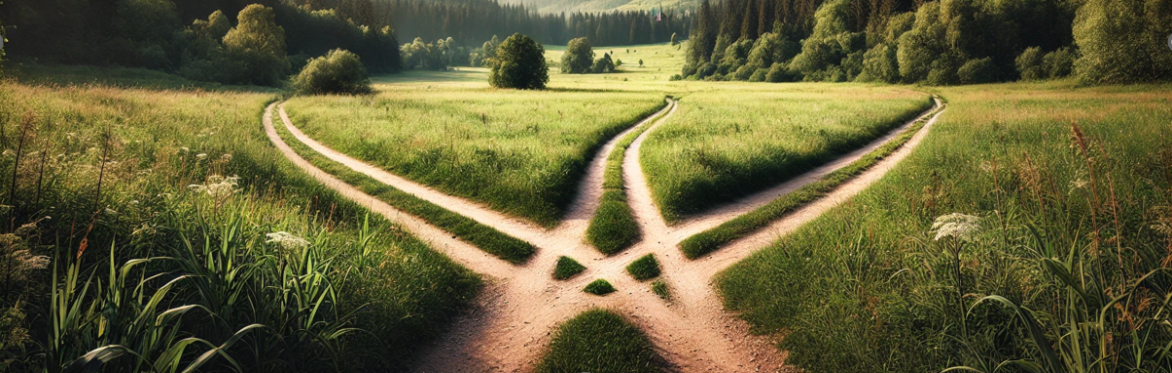 an image of cross shaped road in a grassy field