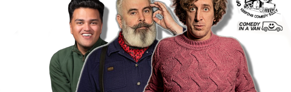 Faizan Shah, Mick Ferry and Tom Wrigglesworth next to an Off The Rails Comedy Club, Saddleworth logo