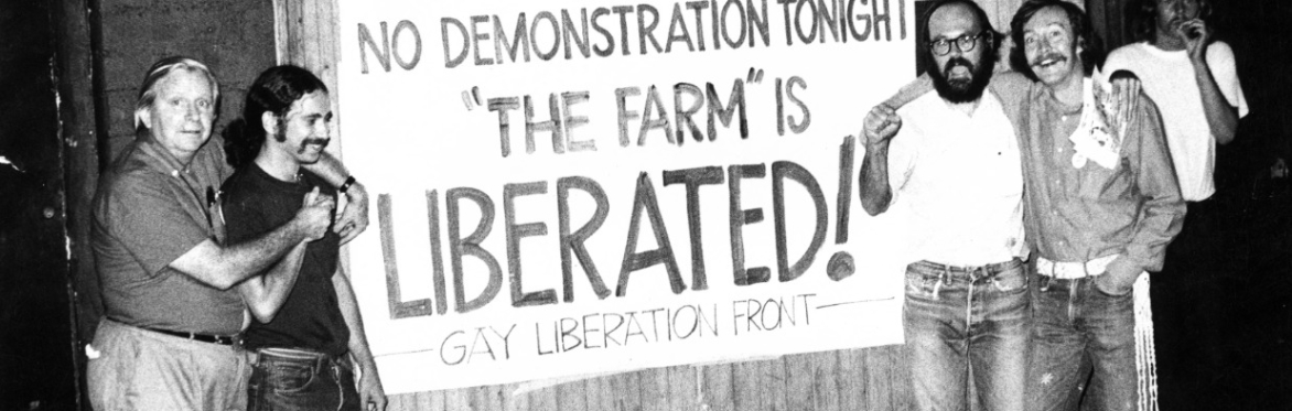 Gay Liberation Front members, including Morris Kight (far left)and Don Kilhefner(third from right), celebrate outside the Farm in West Hollywood after forcing the owner to rescind the no-touching rule