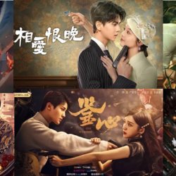Film posters with men and women holding guns and knives at each others' necks