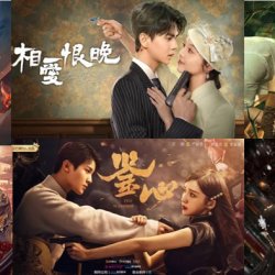 Film posters with men and women holding guns and knives at each others' necks
