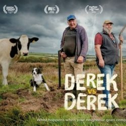 Image shows two farmers, a dairy cow and a sheep dog set on wild farmland.