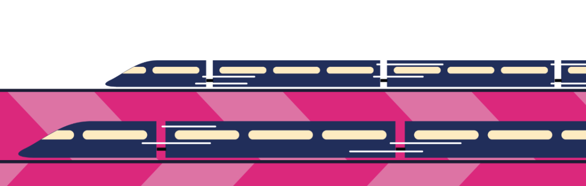 A graphic of two trains running from right to left across the screen, with a track in two shades of pink beneath them