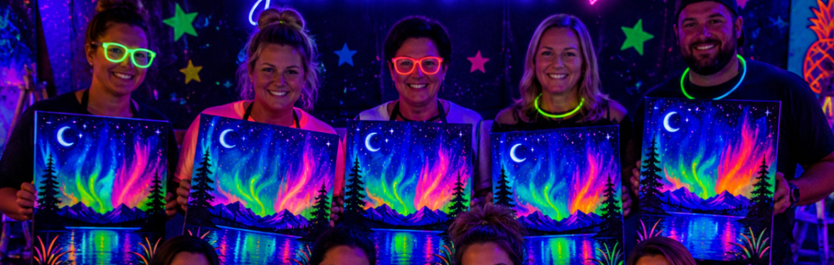 blacklight, painting, lake, moon, glow