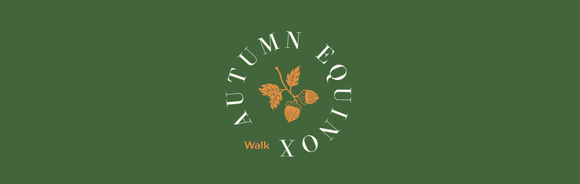 The words 'Autumn equinox walk' with a hazel nut lino print icon
