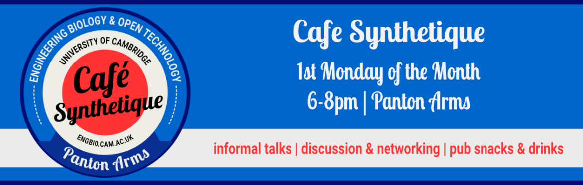 Cafe Synthetique Logo. Text reads "Cafe Synthetique. 1st Monday of the Month. 6-8pm. Panton Arms. Informal talks, discussion and networking, pub snacks and drinks"."