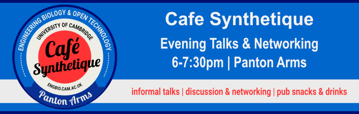 Cafe Synthetique Logo. Text reads "Cafe Synthetique. 1st Monday of the Month. 6-8pm. Panton Arms. Informal talks, discussion and networking, pub snacks and drinks"."