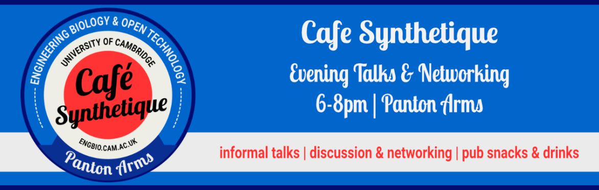 Cafe Synthetique Logo. Text reads "Cafe Synthetique. 1st Monday of the Month. 6-8pm. Panton Arms. Informal talks, discussion and networking, pub snacks and drinks"."