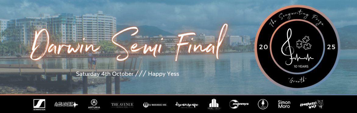 Picture of The Songwriting Prize logo with the text "Darwin Semi Final" on a background image of Darwin