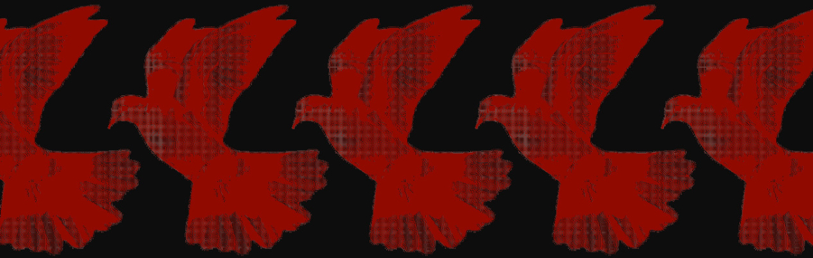 Multiple red pixelated doves on a black background.
