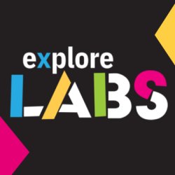 Logo for Explore Labs in primary colours with black background.